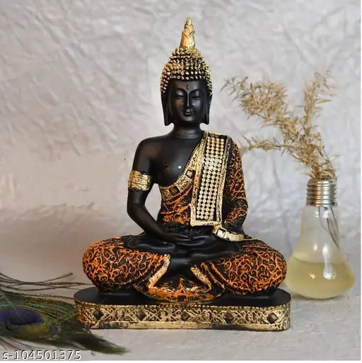 Black & orange poly resin Buddha statue, decorative home yoga room Vastu item, 18.5cm (L) x 24cm (H) x 8cm (B), positive vibes