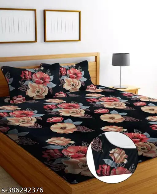 Floral printed black cotton double bedsheets with 2 pillow covers, 144 TC.