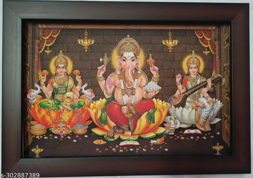 Synthetic resin, Indian-origin photo frame featuring Lakshmi Ganesha Saraswati Ganesh Lakshmi Laxmi Vinayakudu Ganpati Ganapathi Pillaiyaar Saraswathi Saraswathy Matt - 9*12 inches