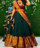 Traditional Art Silk Lehenga Choli and Chanderi Silk Dupatta for women and girls, Zari woven with litchi silk. South Indian wedding attire, unstitched and pairable with heels or flats. 100% quality, sizes from 11-16 years and free size available