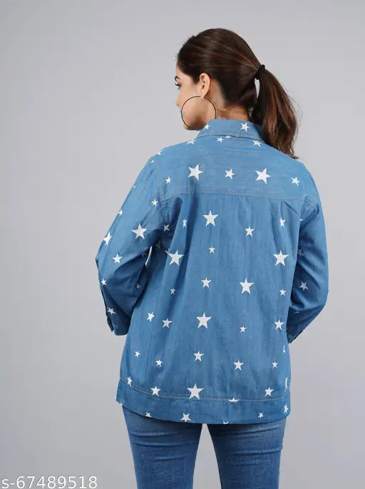 Embroidered denim jacket for women - three-quarter sleeves, collared, button-down closure, feminine fit, casual wear, versatile, India origin