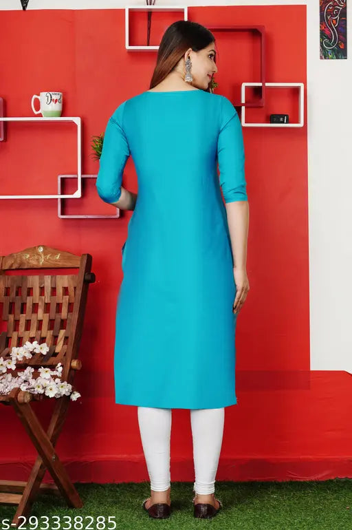 Art Silk embroidered A-line Kurta for women in solid color, digital embroidery work on three-quarter sleeves