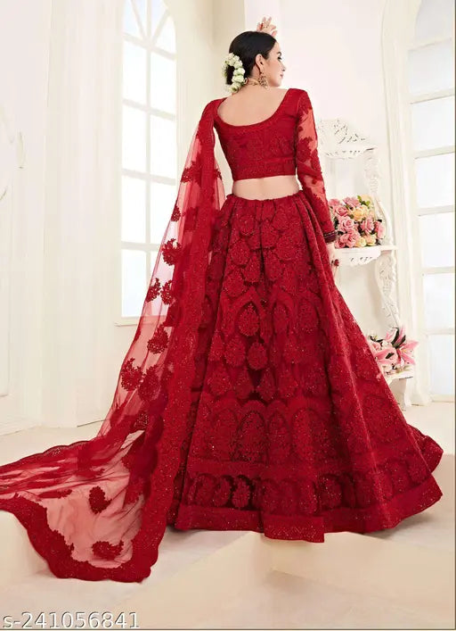 Embroidered net lehenga set for women, semi-stitched (42m waist, 44m length), India