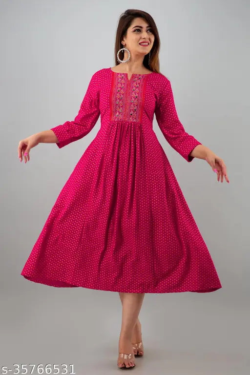 Deep pink printed rayon anarkali kurta for women