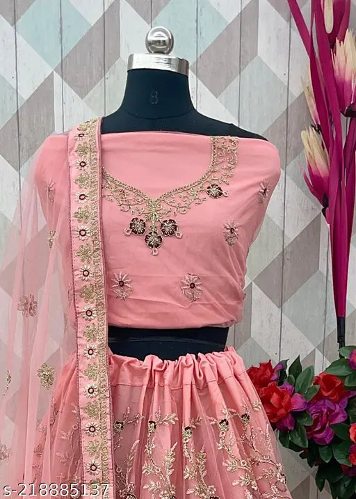 Pink net embroidered semi-stitched Indian lehenga choli and dupatta set, heavy net fabric, partywear, 43in waist, 45in length, 2.25m dupatta