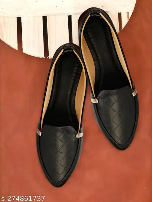 Black synthetic ballerinas by Wooker Women with textured soles and TPR sole. Ideal for daily wear, office, college, or parties. Slip-on design. Made in India, sizes available: IND-3, IND-4, IND-5, IND-6, IND-7, IND-8