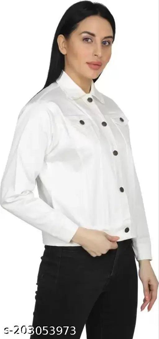 Women's full sleeve comfort fit denim jacket, solid color with long sleeves. Size S: bust 34in, length 21in. Made in India