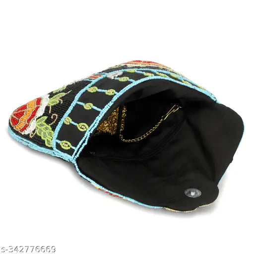 Designer black clutch with colorful embroidery, multiple pockets and compartments