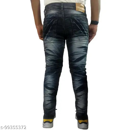 Men's cotton blend black jeans, dyed/washed denim for active everyday life. High-quality, stretch fabric for comfort. Perfect casual wear with sizes 28, 30, 32, and 34. Made in India