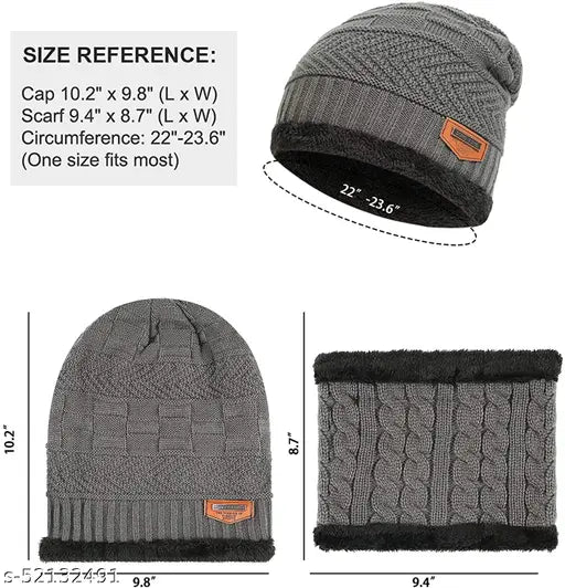 Grey fleece-lined winter beanie cap set with neck warmer, premium quality acrylic knit and soft fleece lining, hand-knitted feel, perfect for cold weather