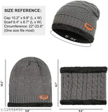 Grey fleece-lined winter beanie cap set with neck warmer, premium quality acrylic knit and soft fleece lining, hand-knitted feel, perfect for cold weather