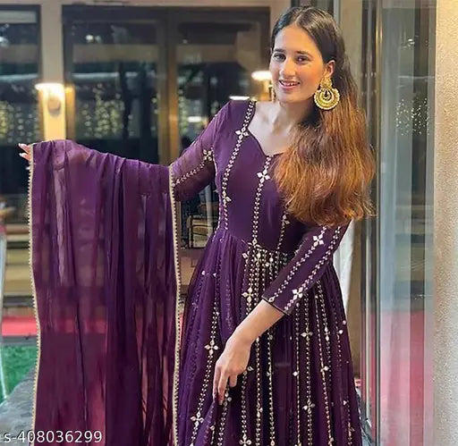 Women Embroidered Georgette Gown With Dupatta
