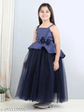 Navy blue net party dress for kids, full length with toy balloon print and shoulder straps
