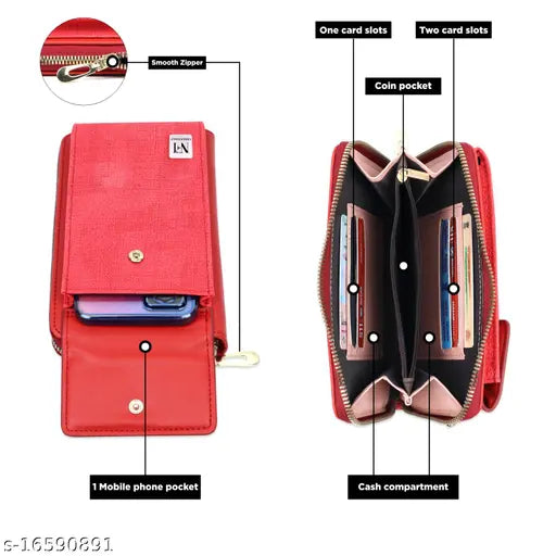 A red clutch wallet with a separate card slot and coin pocket, designed as an accessories case for essentials such as a mobile cell phone, keys, and money