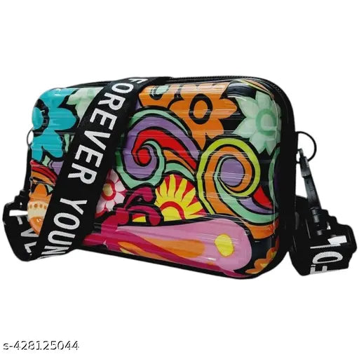 Multicolor acrylic sling bag, flowery pattern, strap closure
