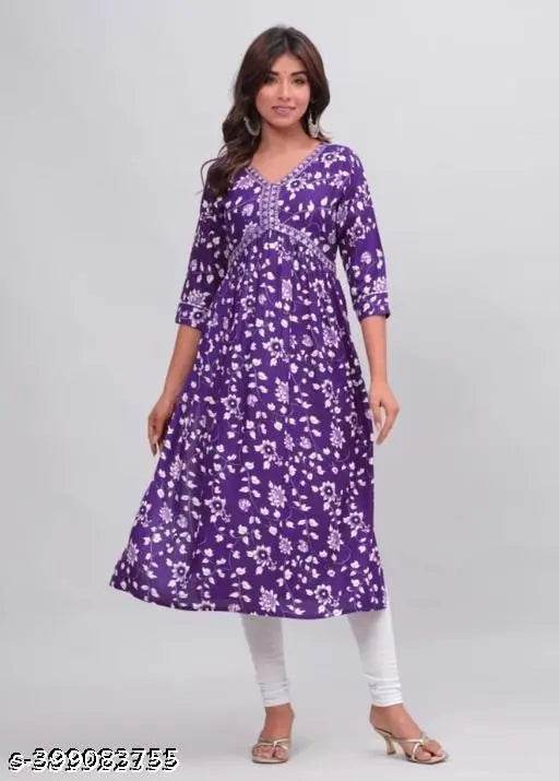 Purple rayon kurti, printed combo, three-quarter sleeves, Alia brand