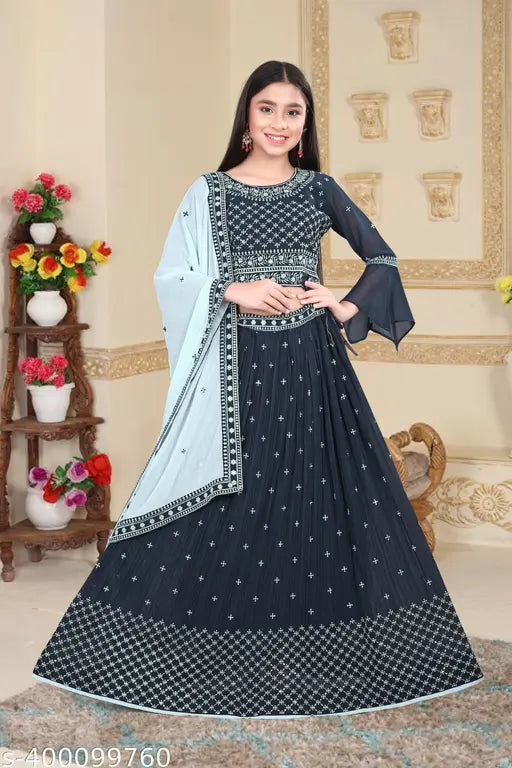 Morpitch Georgette embroidered engagement dress for girls, Ghagra Choli with dupatta set - India
