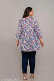 Plus size rayon white short kurti, printed flared design, India