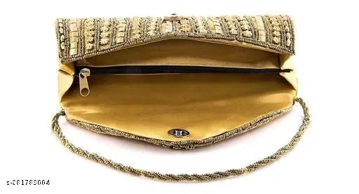 Gold beaded metallic party clutch purse