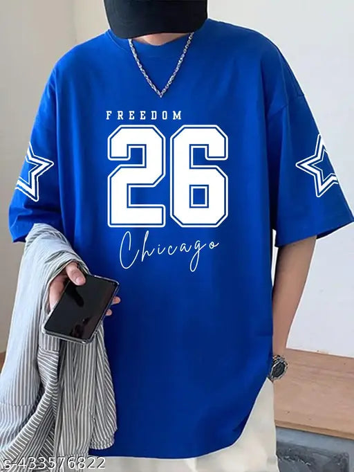 Royal Blue Oversized Unisex Cotton T-Shirt, printed net design, three-quarter sleeves. Sizes M to XXXL, origin India