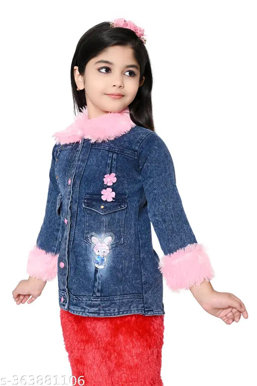 Blue denim borg collared cotton blend jacket for girls
