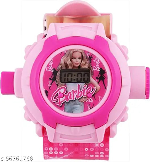 Digital wrist watch with Barbie logo and 24 images, pink plastic, projector function, best birthday gift for kids
