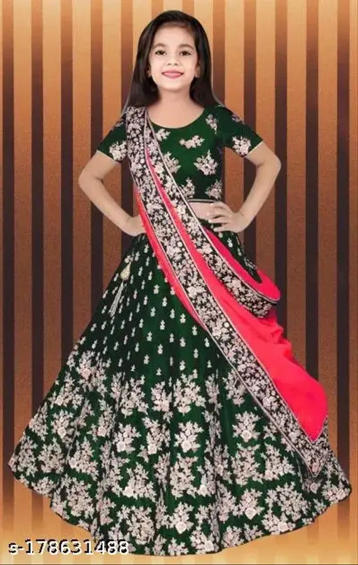 Embroidered satin lehenga choli for girls, semi-stitched with net dupatta, Indian traditional wear for 3-15 years old