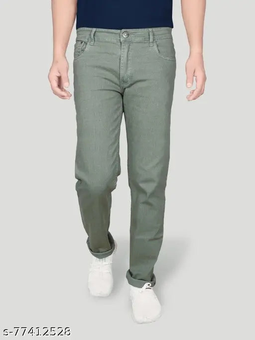 Black cotton men's jeans, solid pattern, light olive color, regular fit, sizes 28 & 40, on model