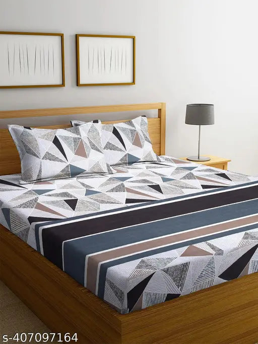 Multicolor geometric pattern, superfine cotton Queen-size bedsheet with 2 pillow covers by THE HOME STYLE for summer