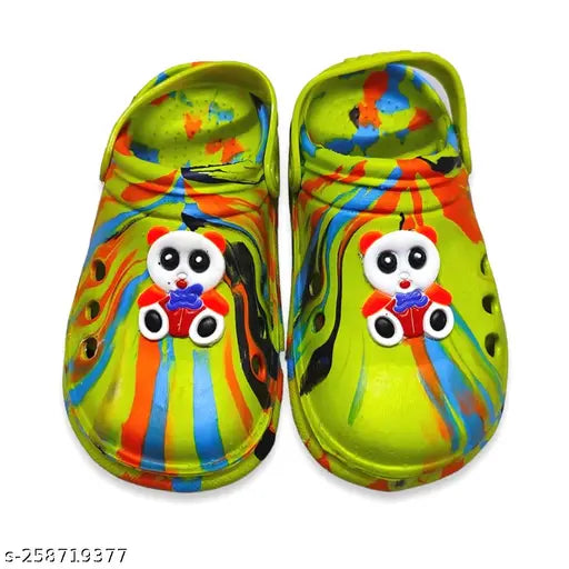 Colorful kids sandals with cartoon monkey on strap, green and rainbow colors