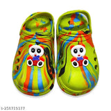 Colorful kids sandals with cartoon monkey on strap, green and rainbow colors