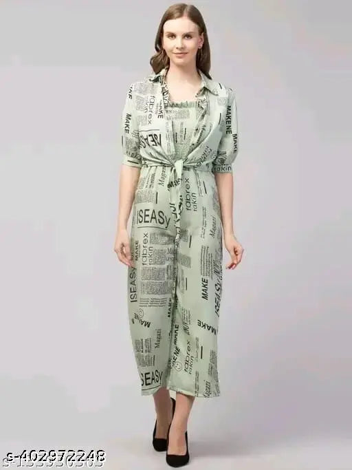 Printed crepe jumpsuit with inner lining, three-quarter sleeves, typographic print - Indian fashion
