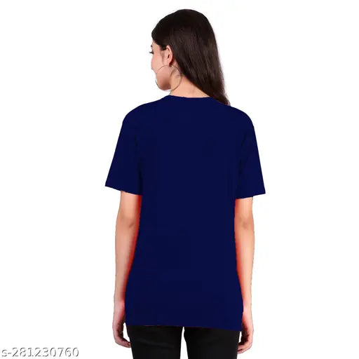 A woman wearing a large blue t-shirt with printed graphics