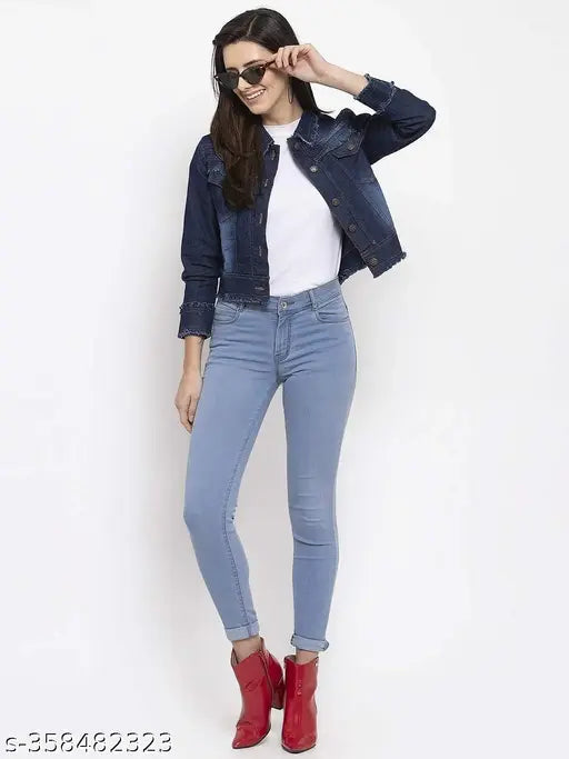 Denim jacket for women, solid pattern, durable denim, machine washable, stylish, fits regular size, available in S-XL, India origin