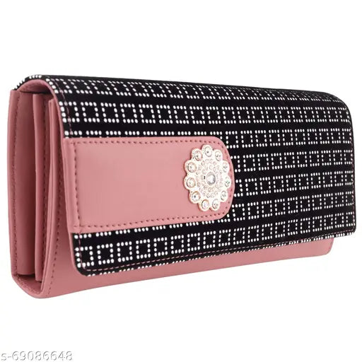Womens faux leather wallet with hand clutch, four card pockets, peach color