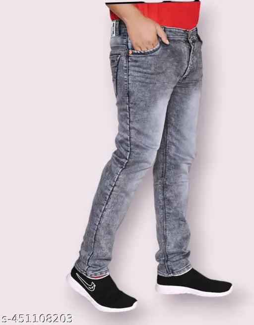 Men's grey denim jeans, distressed finish, blue wash