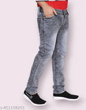 Men's grey denim jeans, distressed finish, blue wash
