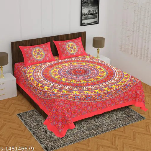 Rajasthani Jaipuri Traditional Sanganeri Print 150TC Cotton double size bedsheet with 2 pillows, soft and elegant bedding for AC room