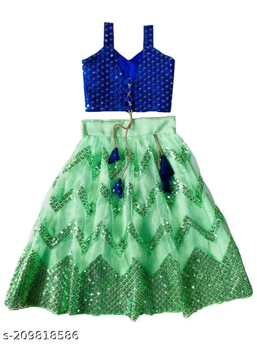 Taffeta silk and net Lengha choli set, embellished with ribbon embroidery for girls (6-8 years), made in India