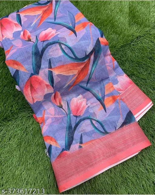 Cotton linen floral printed party saree