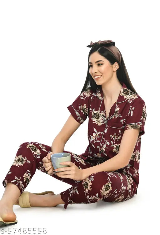 Printed poly crepe womens night suit set, collared shirt & elasticated waist pyjama, vibrant design for comfortable lounging - Made in India