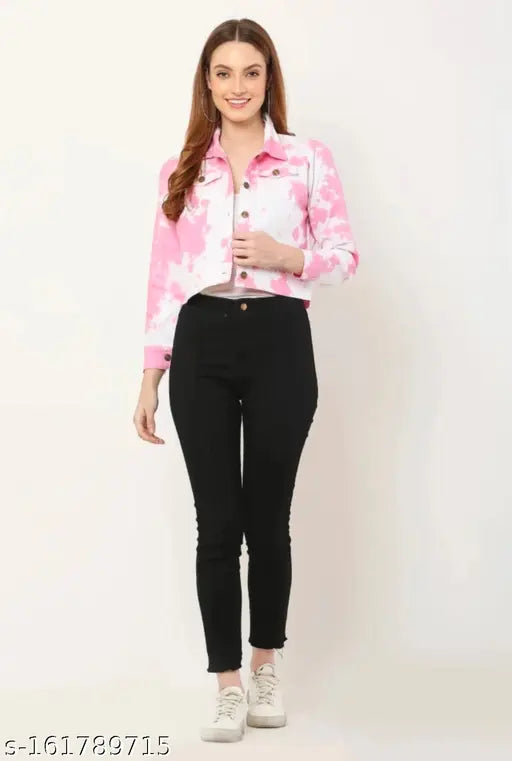 Trendy printed cotton blend waistcoat for women, long sleeves partywear jacket on mannequin