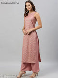Pink cotton printed sleeveless kurta Palazzo set, single quantity in XS, S, M, L, XL for parties or casual days. Traditional Indian attire with zari woven net design on high-quality cotton fabrics