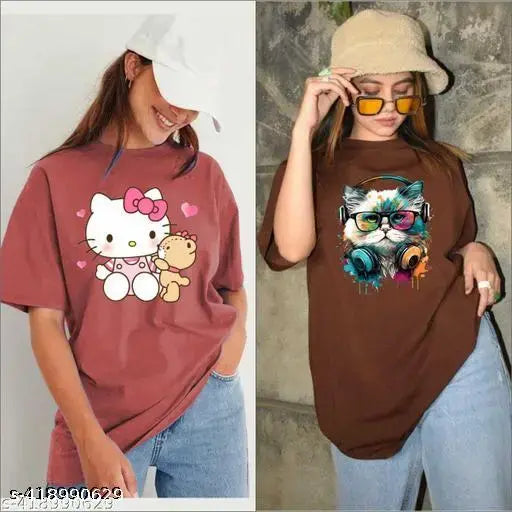 Black oversized t-shirt for women and girls combo pack, trendy fashion design, Hello Kitty cat face graphic