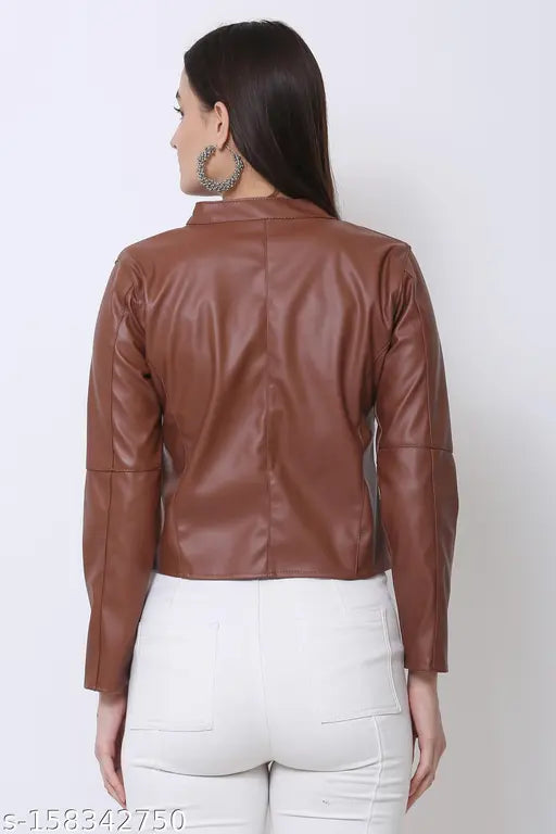 Solid rexine jacket, leather sleeves, trendy casual style for women