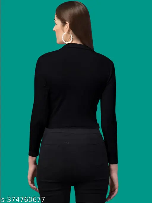Black polyester blend casual top with collared V-neck and long sleeves (20 inches)