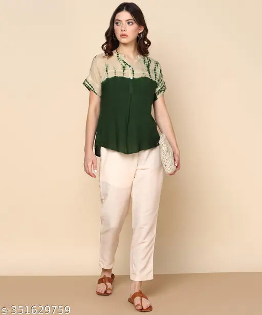 Ombre dyed olive green rayon top, short sleeves, printed pattern, Chinese neck collar, Indian origin