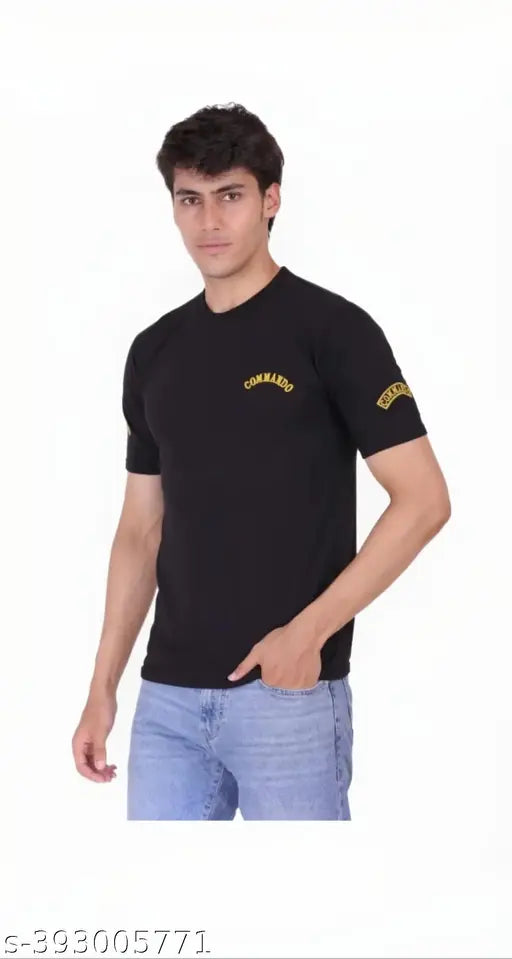 Army Yellow Cotton Blend Half Commando Print T-Shirt for Men - Short sleeves, solid pattern