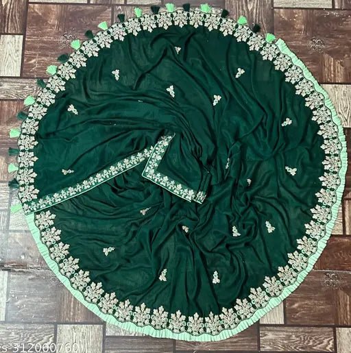 Exquisite Vichitra Silk embroidered sequence work sari with frill and jumka latkan, epitomizing elegance for every occasion