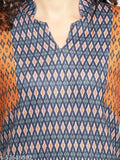 Blue long-sleeved dress with a solid color print, straight silhouette, V-neck and a hint of lace detailing